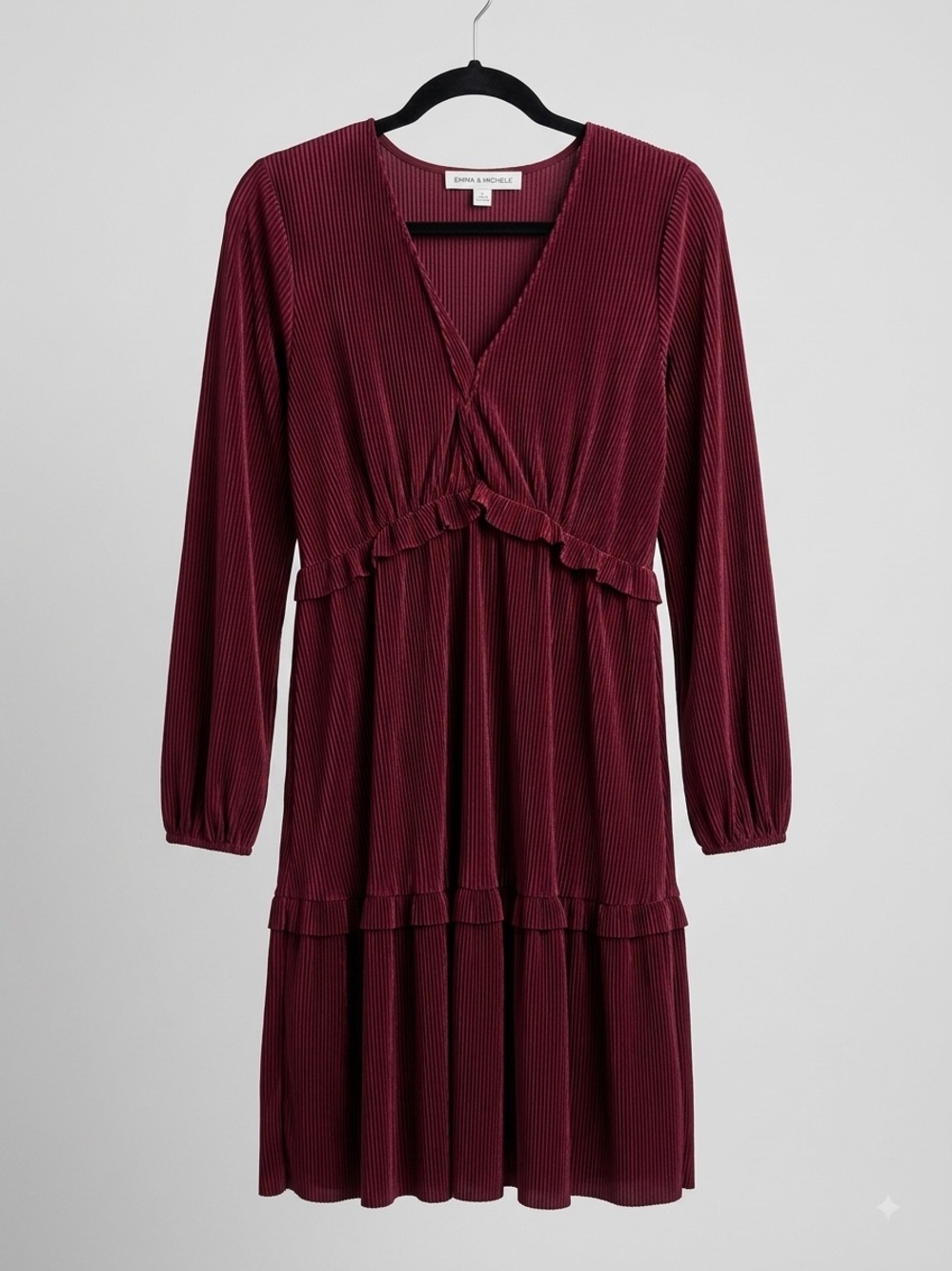 Emma & Michele Burgundy Velvet Ribbed V-Neck Long Sleeve Dress